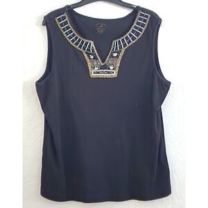 Top/Blouse-White Stag Tee-Black-Beaded-V-Neck-Sleeveless-Cotton-Size XL